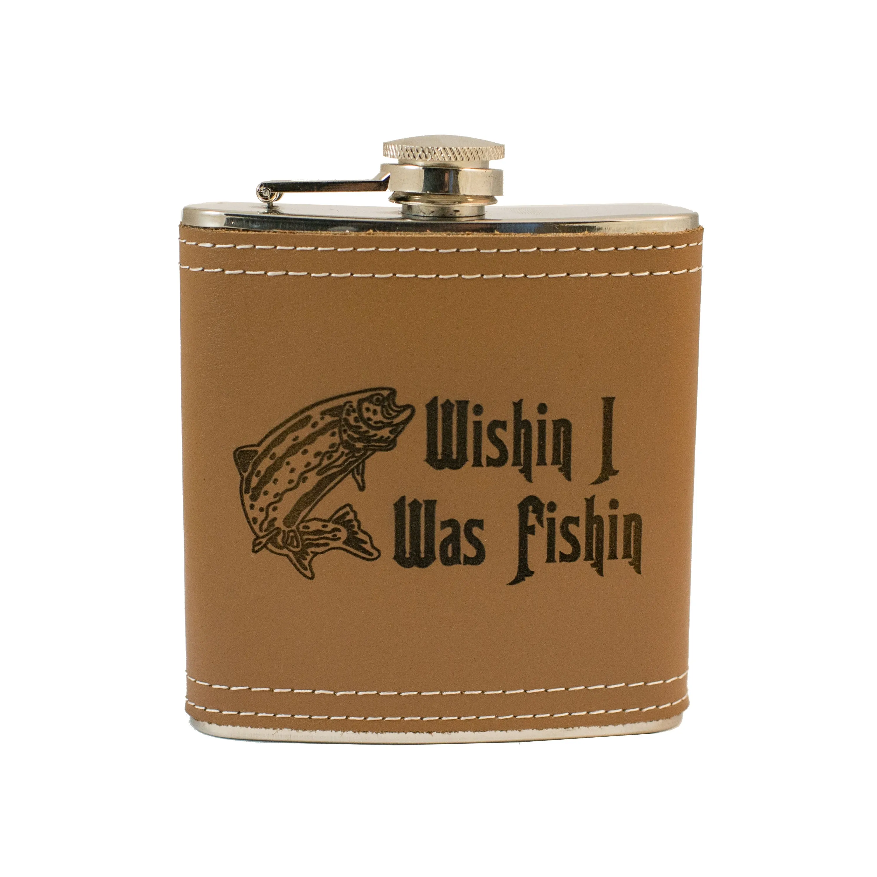 6oz Wishin I was Fishin Leather Flask