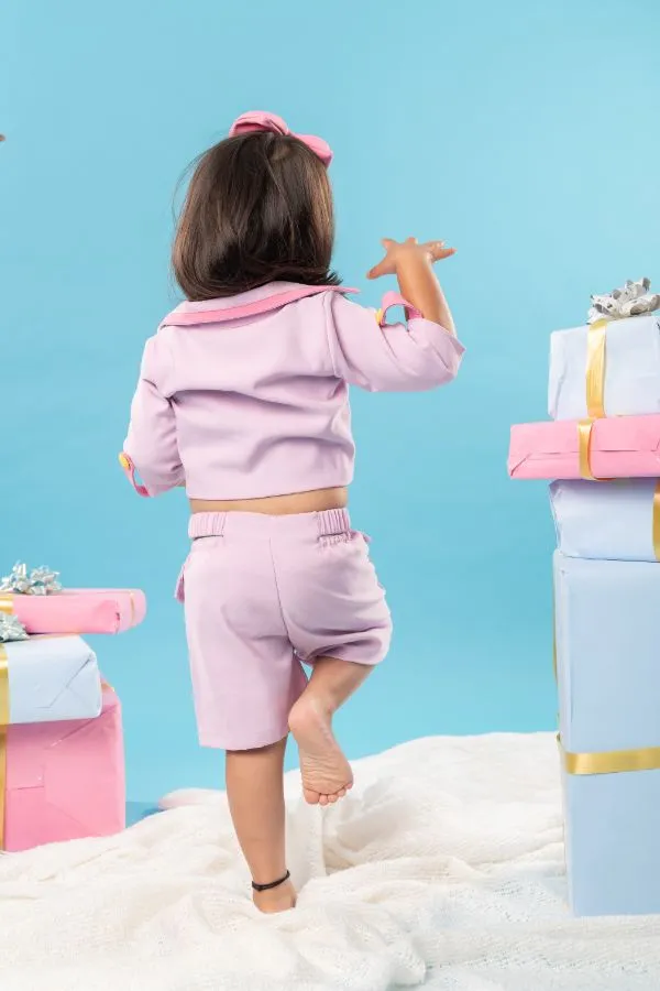 Collared crop top with skorts and cupcakes embroidery