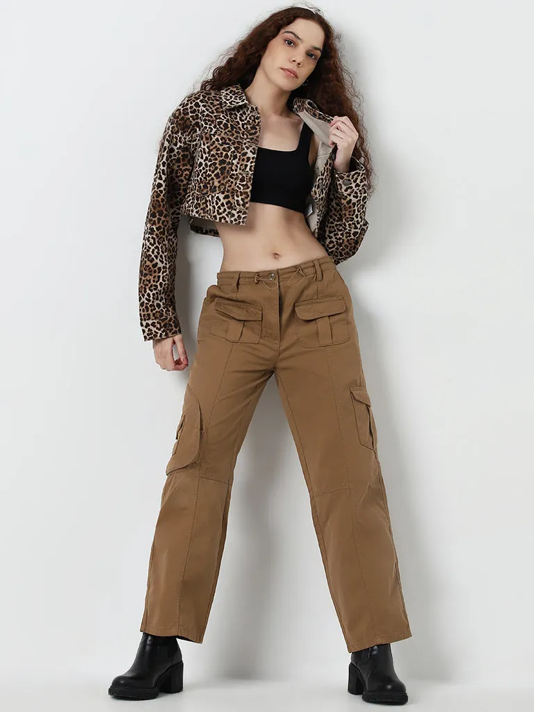 Nuon Brown Animal Printed Cropped Jacket