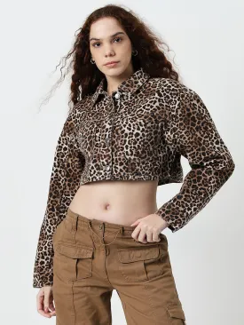 Nuon Brown Animal Printed Cropped Jacket