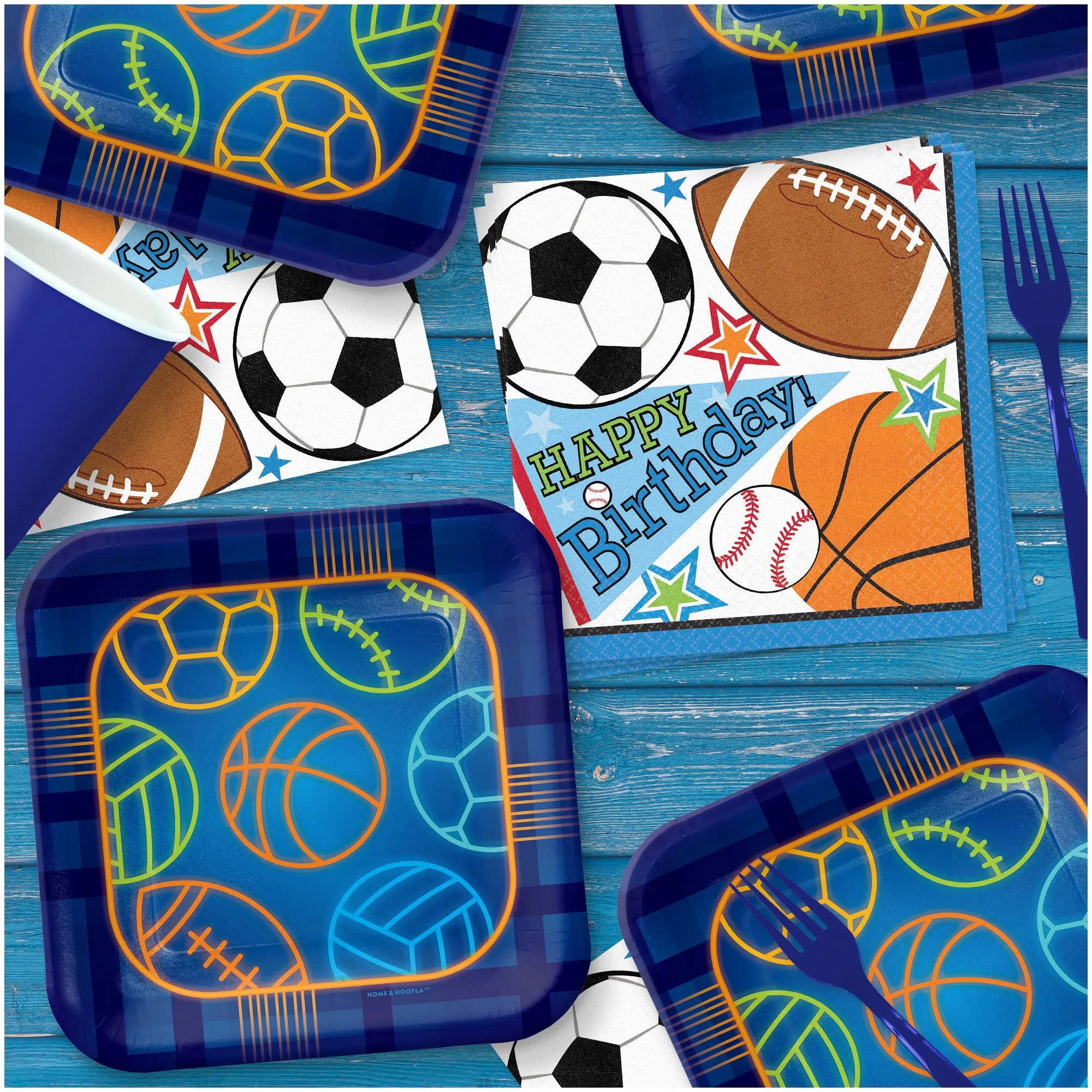 Sports Theme Party - Football, Baseball, Basketball, and Soccer (Mutli Sport Paper Dinner Plates and Luncheon Napkins Football, Baseball, Basketball, Soccer, and Hockey (Serves 16))