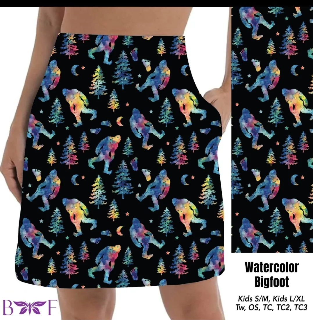 Watercolor Bigfoot leggings, capris and skorts with pockets